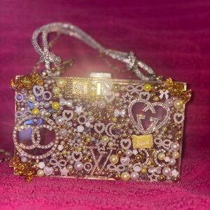 Embellished Designer Clutch with Gold and Silver pearl purse with charms